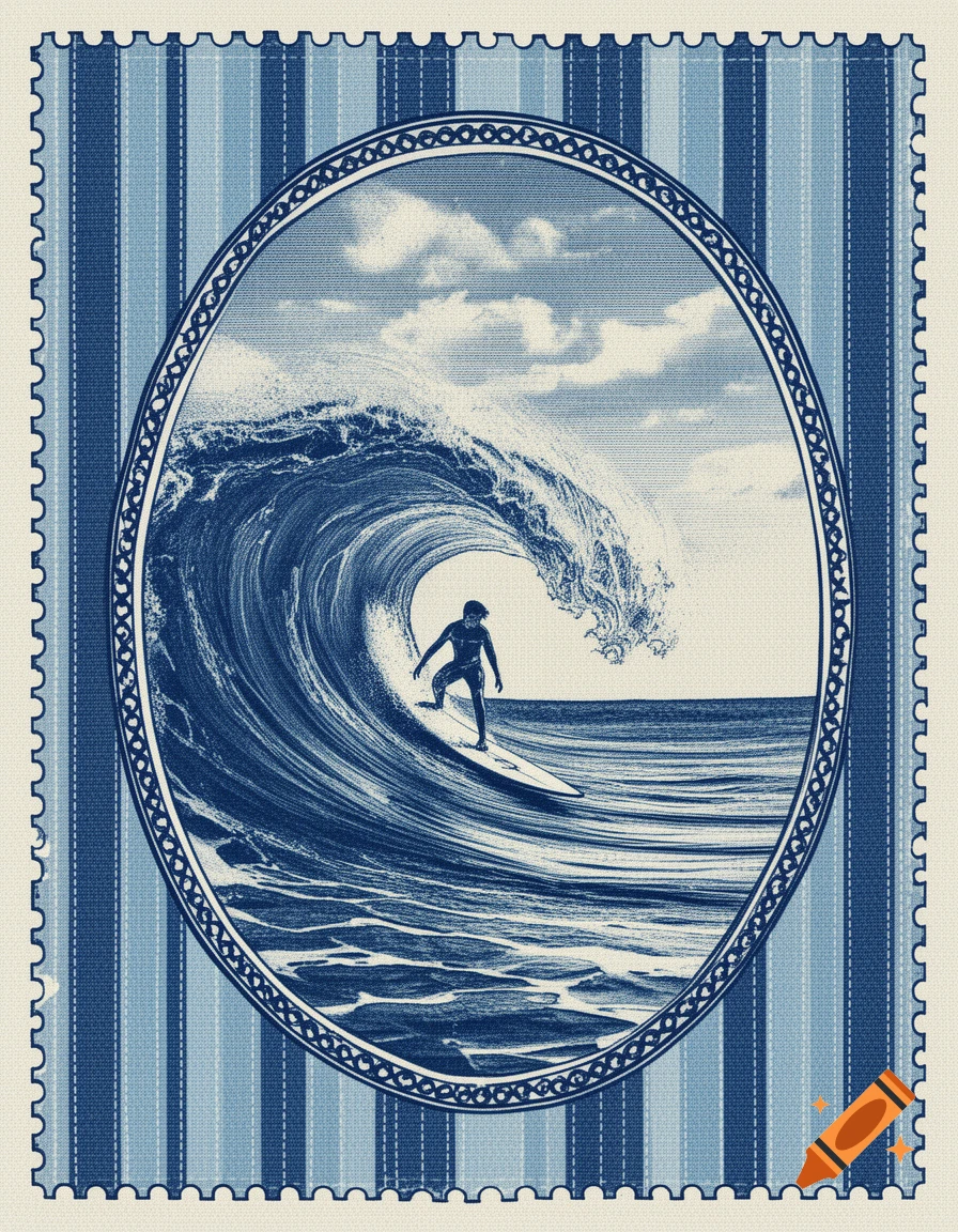 Blue and white vintage-style postage stamp featuring a surfer riding a large curling ocean wave inside an oval frame, set against vertical stripes.