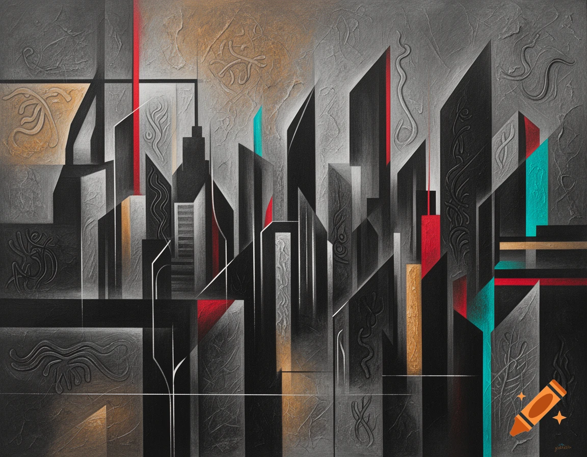 Modern minimalist abstract painting blending urban skyscrapers with cave art textures, in black, gray, red, gold, and teal.