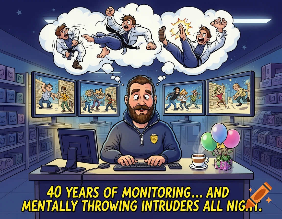 Cartoon of a bearded security guard watching monitors, dreaming of using Jiu Jitsu on cartoon shoplifters, with a humorous caption.