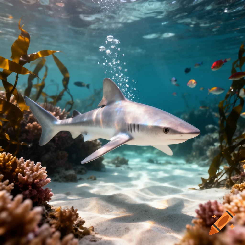 Photorealistic image of a juvenile shark swimming near coral and seaweed on a sandy ocean floor.