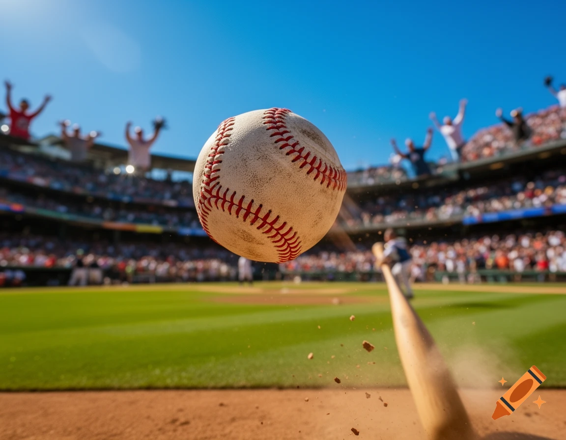 A close-up, low-angle, photorealistic shot of a baseball flying through the air just after being hit by a bat in a stadium, with a blurred cheering crowd in the background.