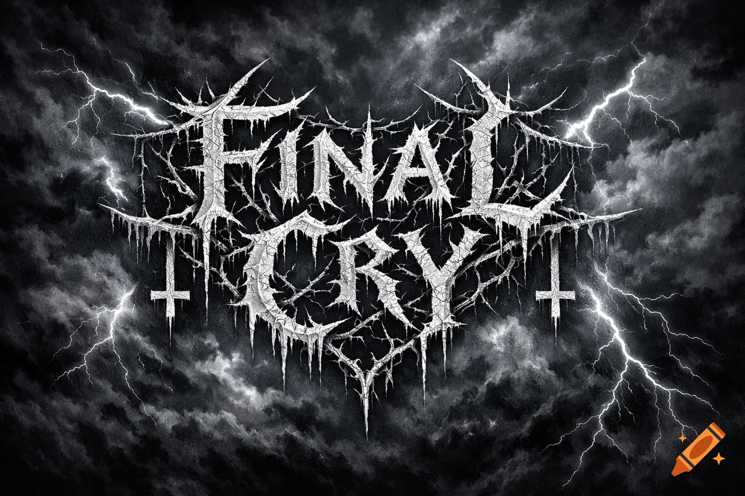 A dark, gothic metal band logo for 'FINAL CRY' with cracked, icy letters, surrounded by lightning and stormy clouds.
