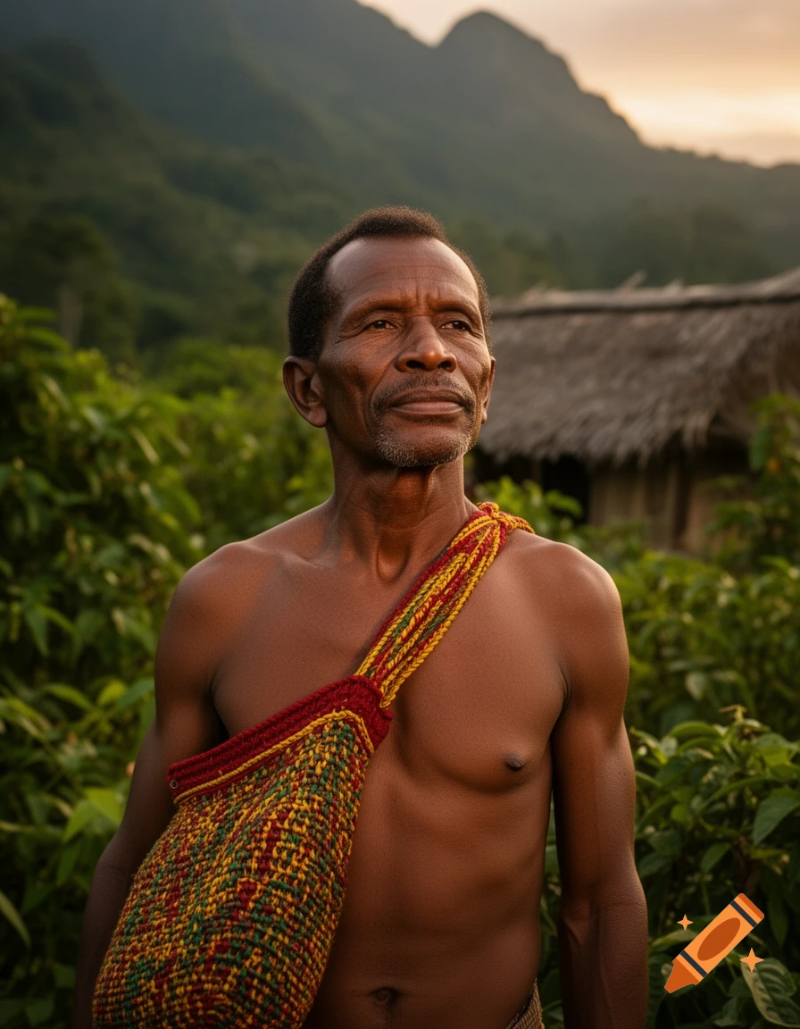 Photorealistic portrait of a Papua New Guinean man with a colorful woven bag, shirtless, looking right, mountains and a hut in background.