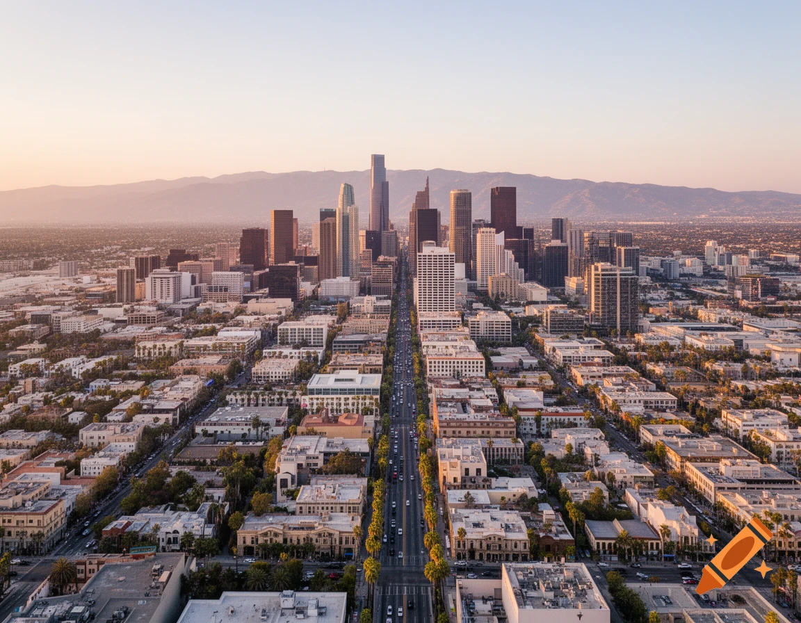 Aerial view of a sprawling city with tall skyscrapers and a long street leading towards distant mountains under a clear sky.