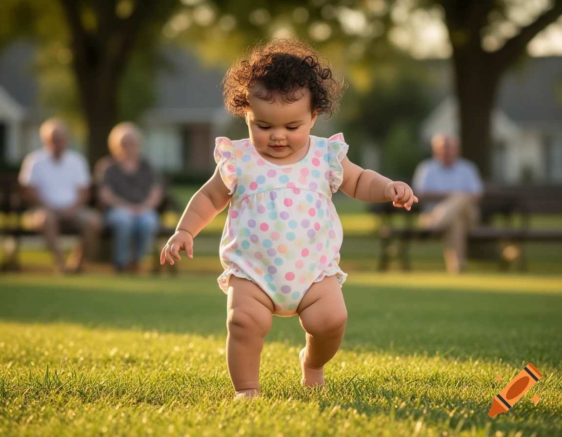 A chubby baby with curly hair in a polka dot romper walks on green grass in a sunny park.
