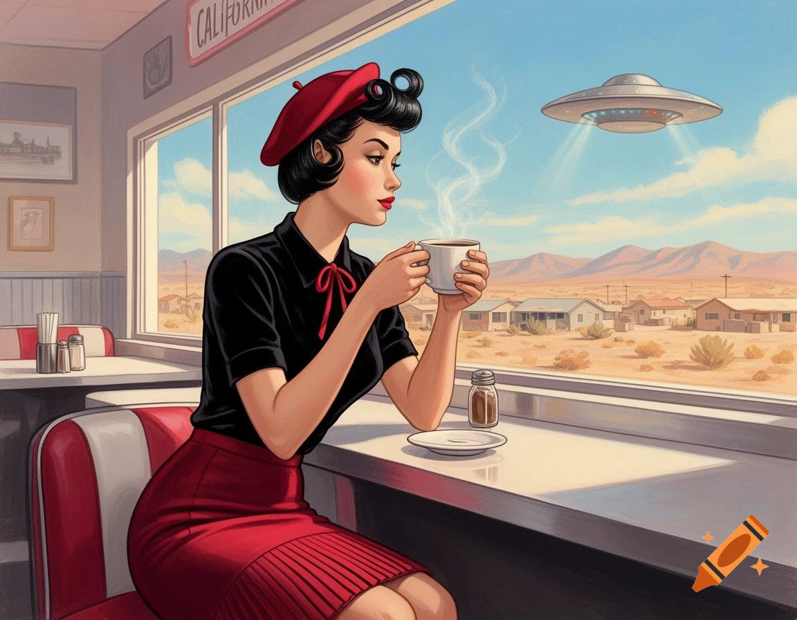 Vibrant illustration of a 1950s beatnik woman in a diner, holding coffee and looking at a UFO over a desert town.