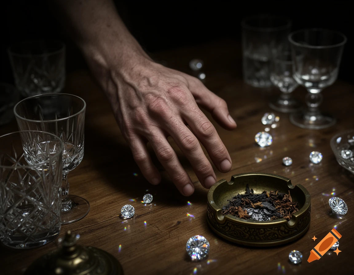 A person's hand reaches for an ashtray with tobacco on a dark wooden table, surrounded by sparkling diamonds and crystal glasses.