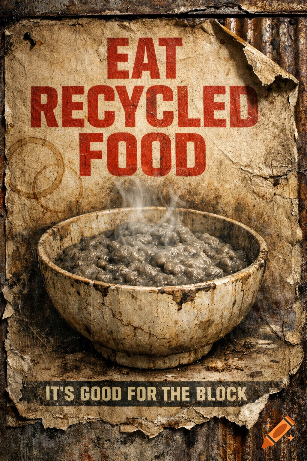 A weathered dystopian propaganda poster on rusted metal, featuring a steaming bowl of grey sludge and the text 'EAT RECYCLED FOOD' and 'IT'S GOOD FOR THE BLOCK'.