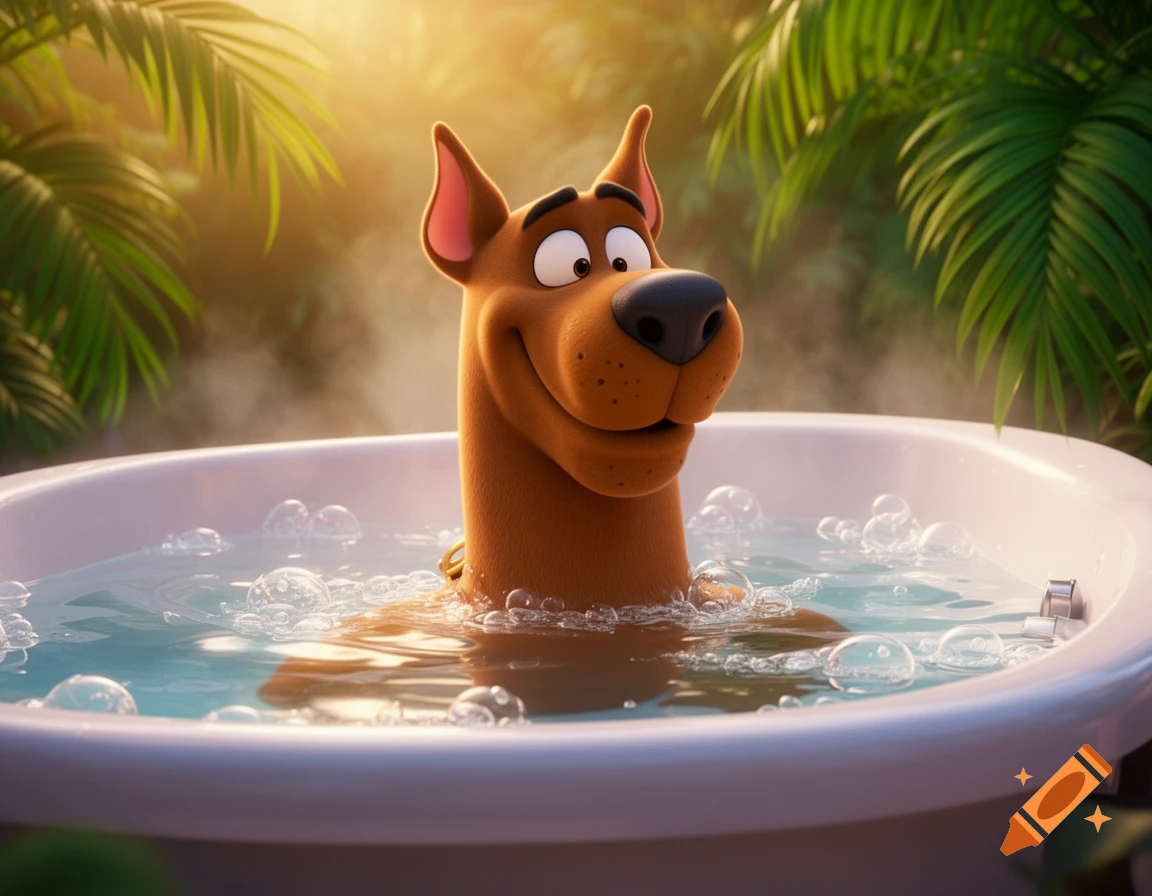 Scooby-Doo smiles happily, chest-deep in a bubbly jacuzzi bath with steam, surrounded by lush tropical foliage and warm sunlight.