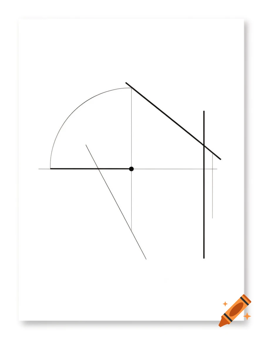 Abstract geometric composition of black lines, a dot, and a semicircle on a white background.