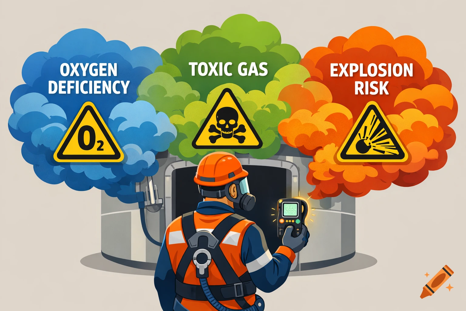 Worker with a gas detector facing a tank emitting colored gases for oxygen deficiency, toxic gas, and explosion risk, with warning symbols.