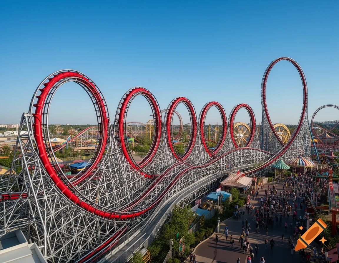 A high-angle shot captures a massive rollercoaster with red tracks and multiple loops dominating a bustling amusement park under a clear blue sky.