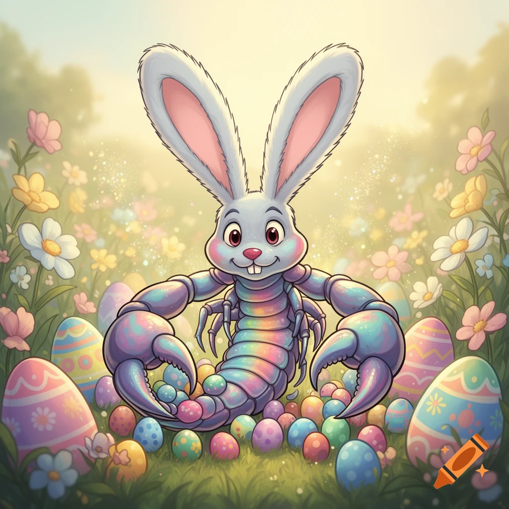 A pastel rainbow cartoon scorpion with long white bunny ears sits among colorful Easter eggs and flowers in a sunny field.