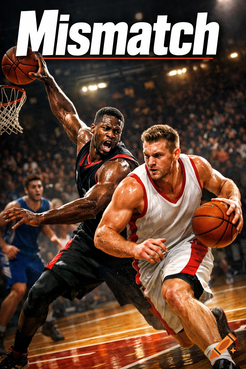 A dramatic basketball scene with two powerful players in action, one dark-skinned and one light-skinned, with "Mismatch" title above.