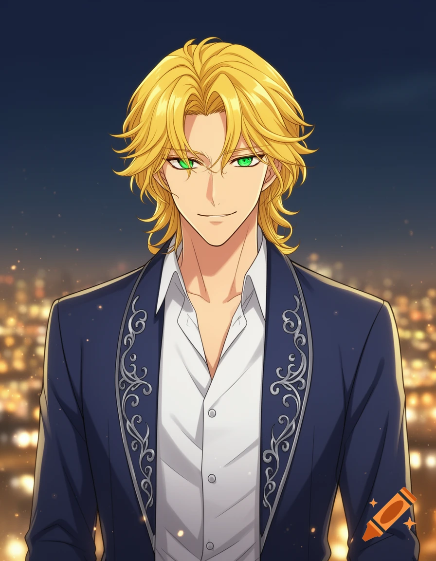 An anime-style blonde man with green eyes smiles, wearing a dark blue suit with silver patterns and a white shirt, against a city lights background.