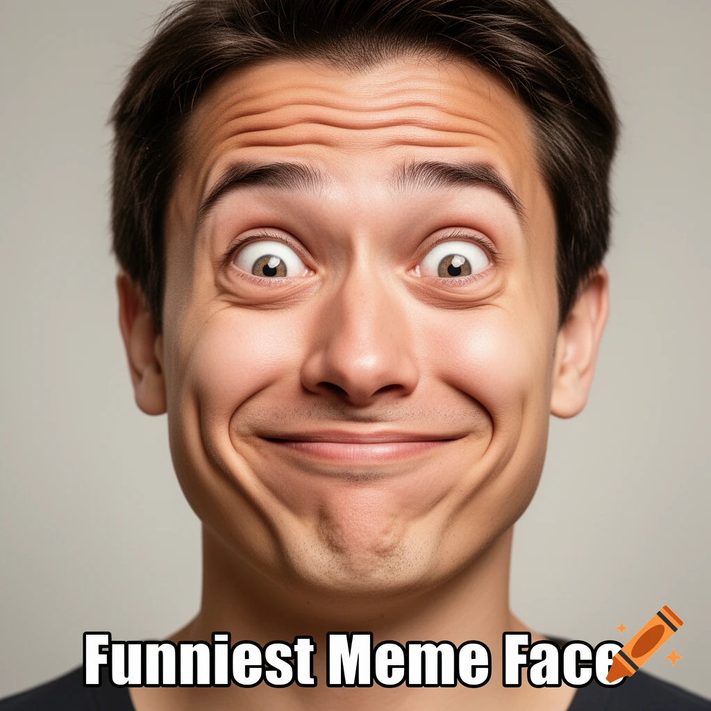 A man with wide eyes and an exaggerated smile making a funny, meme-like face, with the text 'Funniest Meme Face' below.
