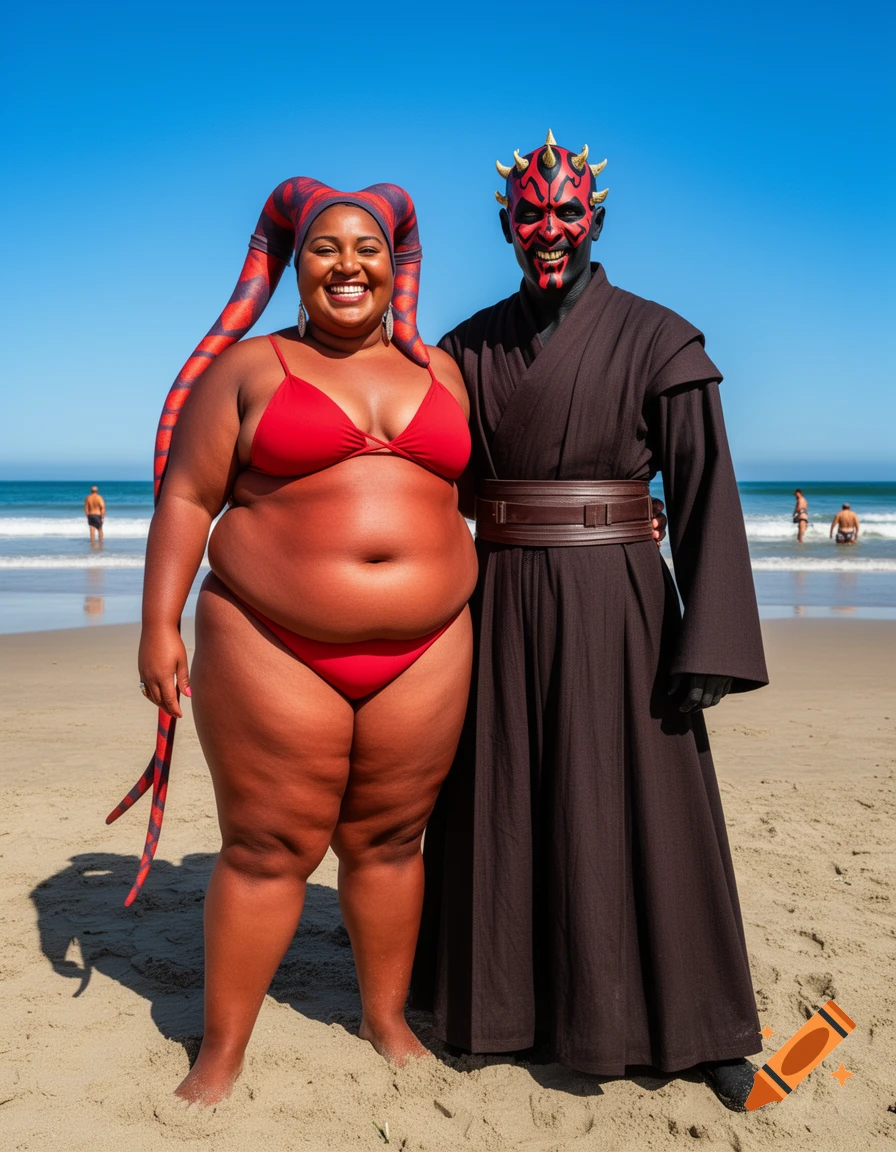 A smiling plus-size woman in a red bikini and Twi'lek headpiece poses with a man in a Darth Maul costume on a sunny beach.