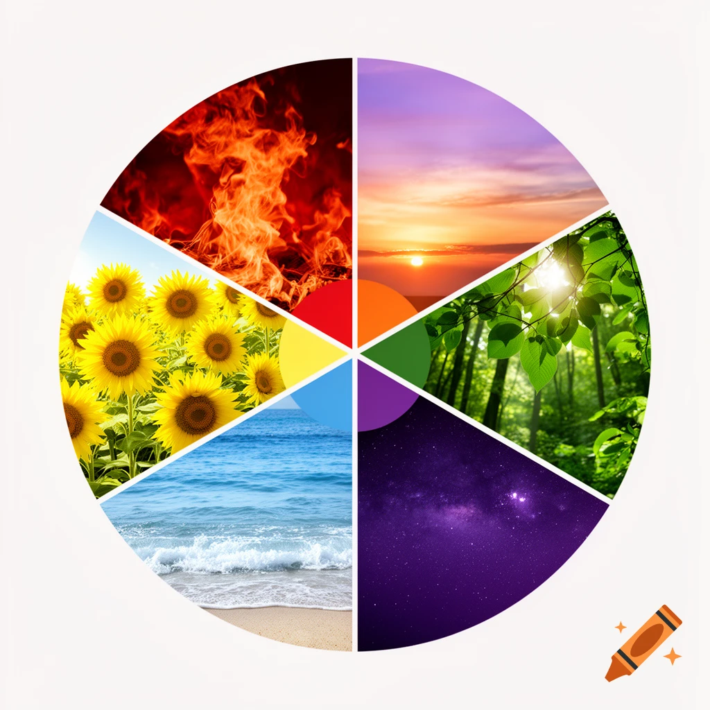 A circular collage divided into six segments, each depicting a natural element: fire, sunset, forest, sunflowers, ocean, and a starry night sky.