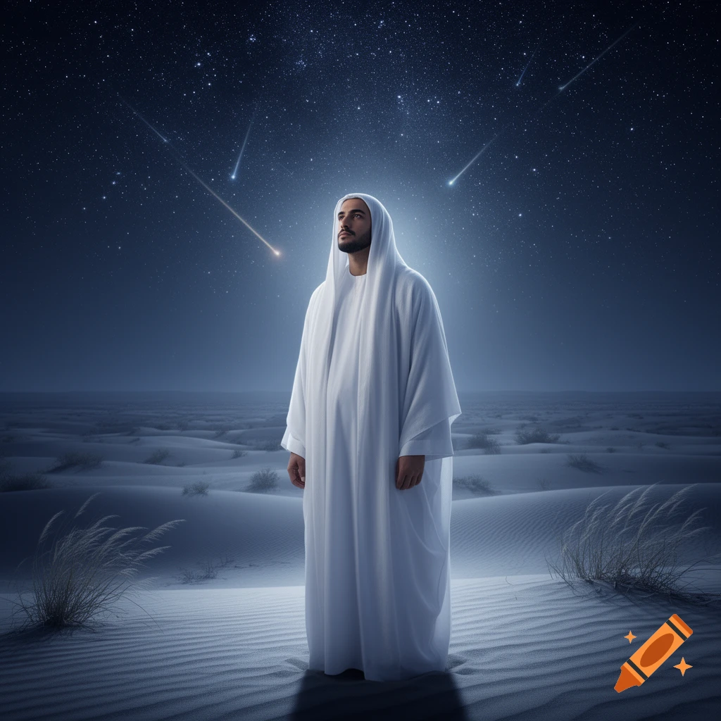A man in white robes stands in a desert at night, looking up at a starry sky with meteors.