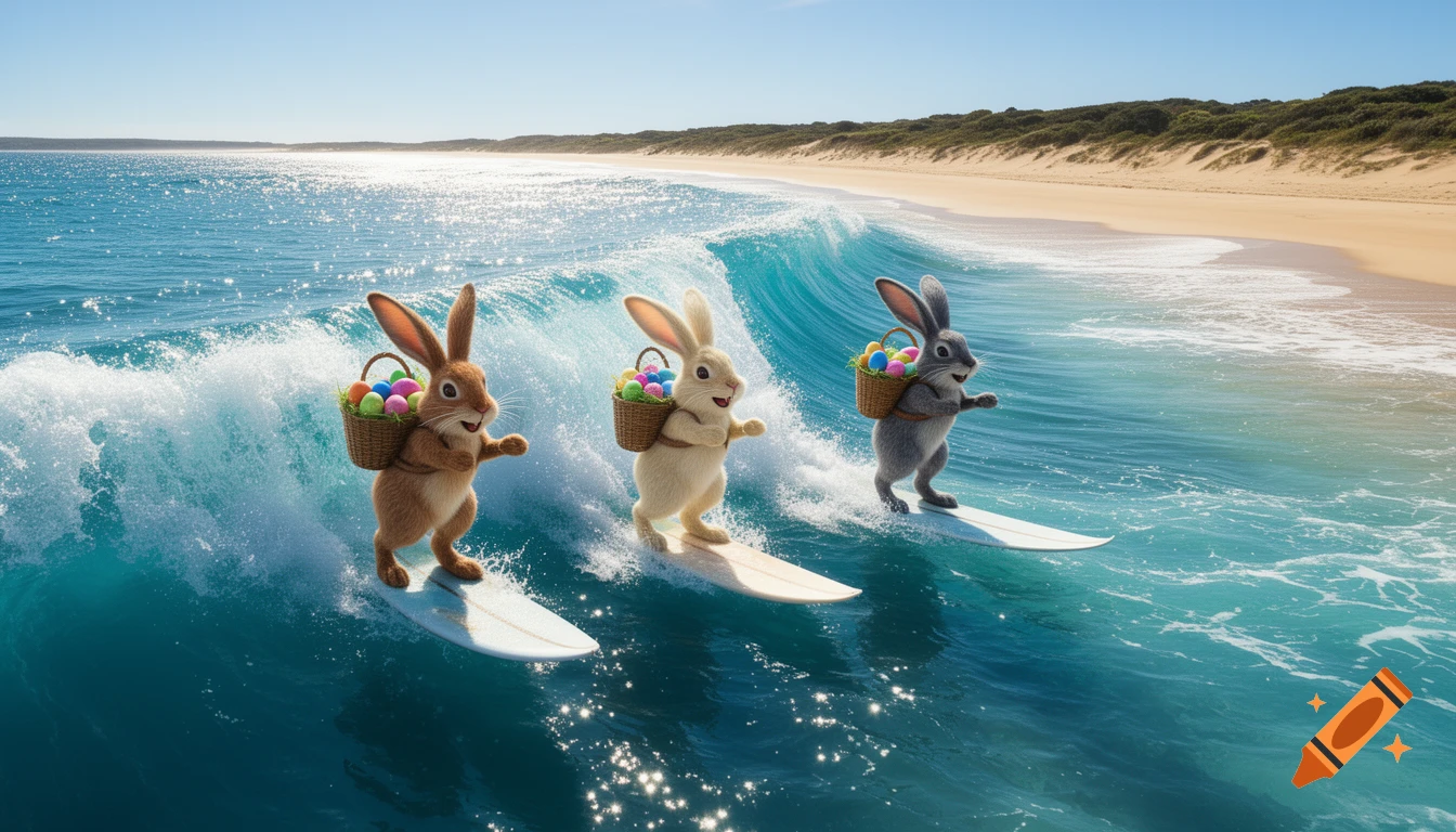 Three brown, white, and gray Easter bunnies surfing on surfboards, each carrying a basket of colorful eggs, on sunny ocean waves near a sandy beach.