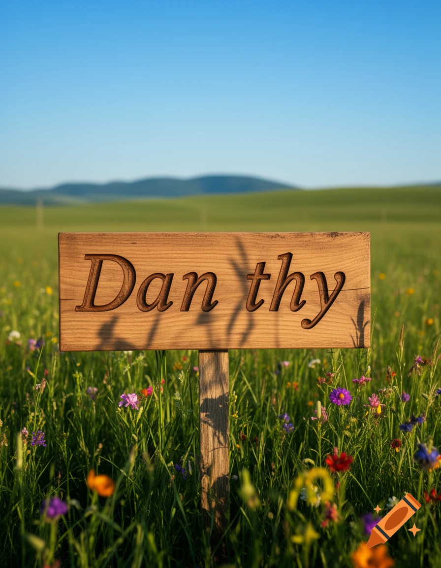 A wooden sign with "Dan thy" carved into it stands in a sunny field of green grass and colorful wildflowers under a blue sky.
