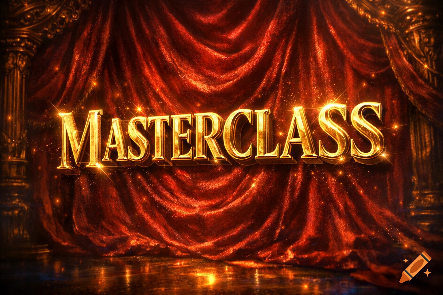 Golden 3D text 'MASTERCLASS' against shimmering red velvet stage curtains with sparkling light.