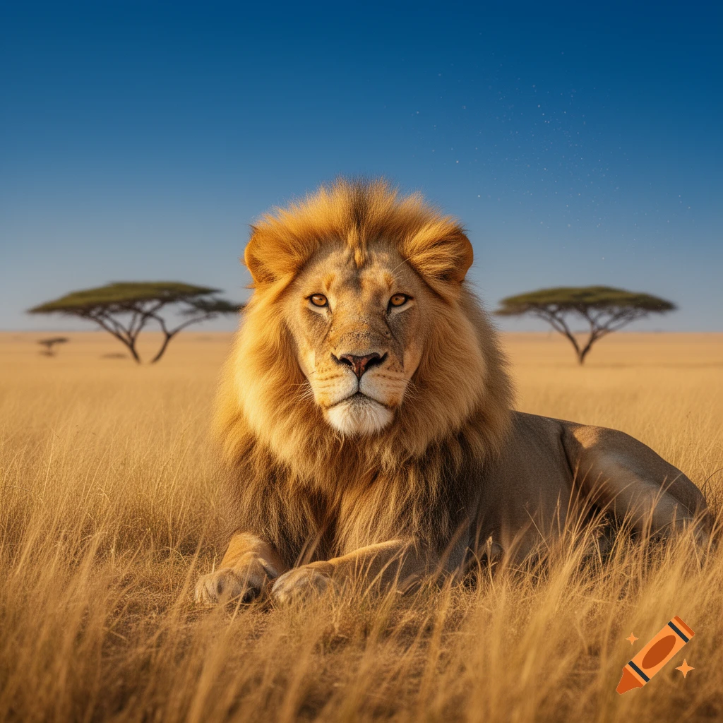 A photorealistic image of a majestic lion with a golden mane lying in tall dry grass on a savanna under a clear blue sky.