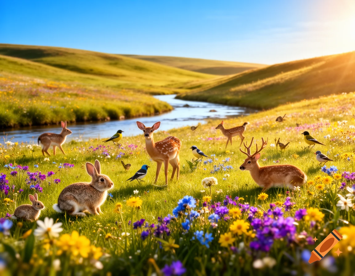 A photorealistic spring landscape with deer, rabbits, and birds in a vibrant field of wildflowers beside a flowing stream, under a bright sunny sky.