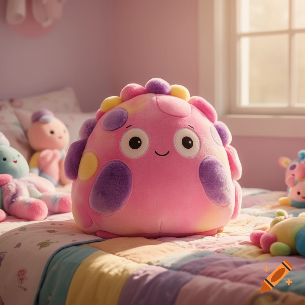 A large, soft, pink plush toy with colorful bumps and a smile sits on a quilted bedspread among other toys in a bright room.