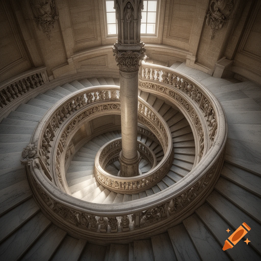 High-angle view down a grand, ornate marble spiral staircase with a central column, illuminated by a window above.