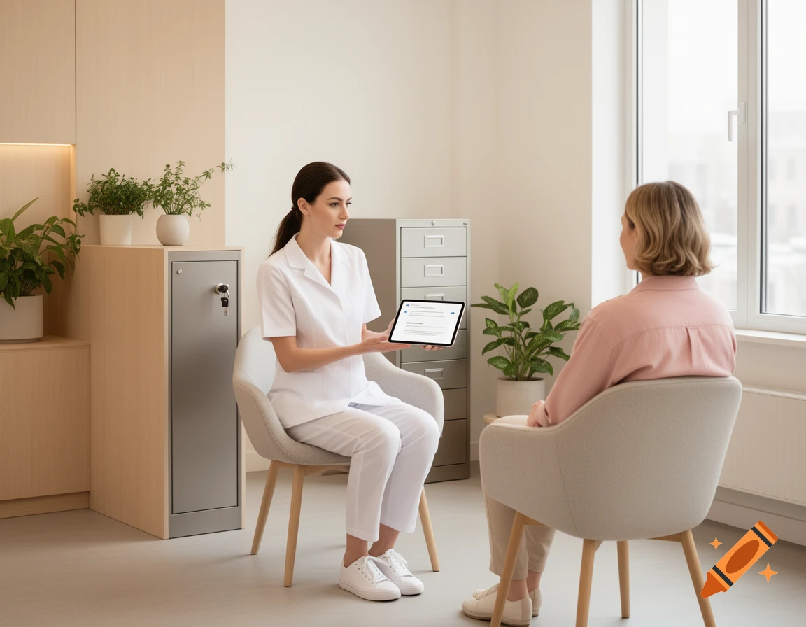 A therapist in a white uniform shows a digital form on a tablet to a patient in a modern physiotherapy reception.