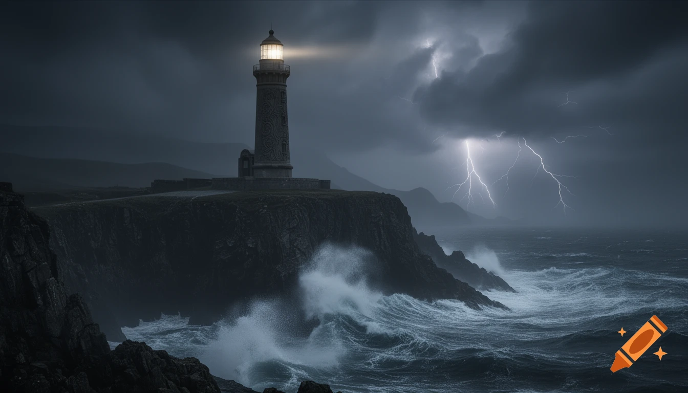 Photorealistic image of a stone lighthouse on rugged cliffs, illuminated under a dramatic stormy night sky with lightning and crashing ocean waves.
