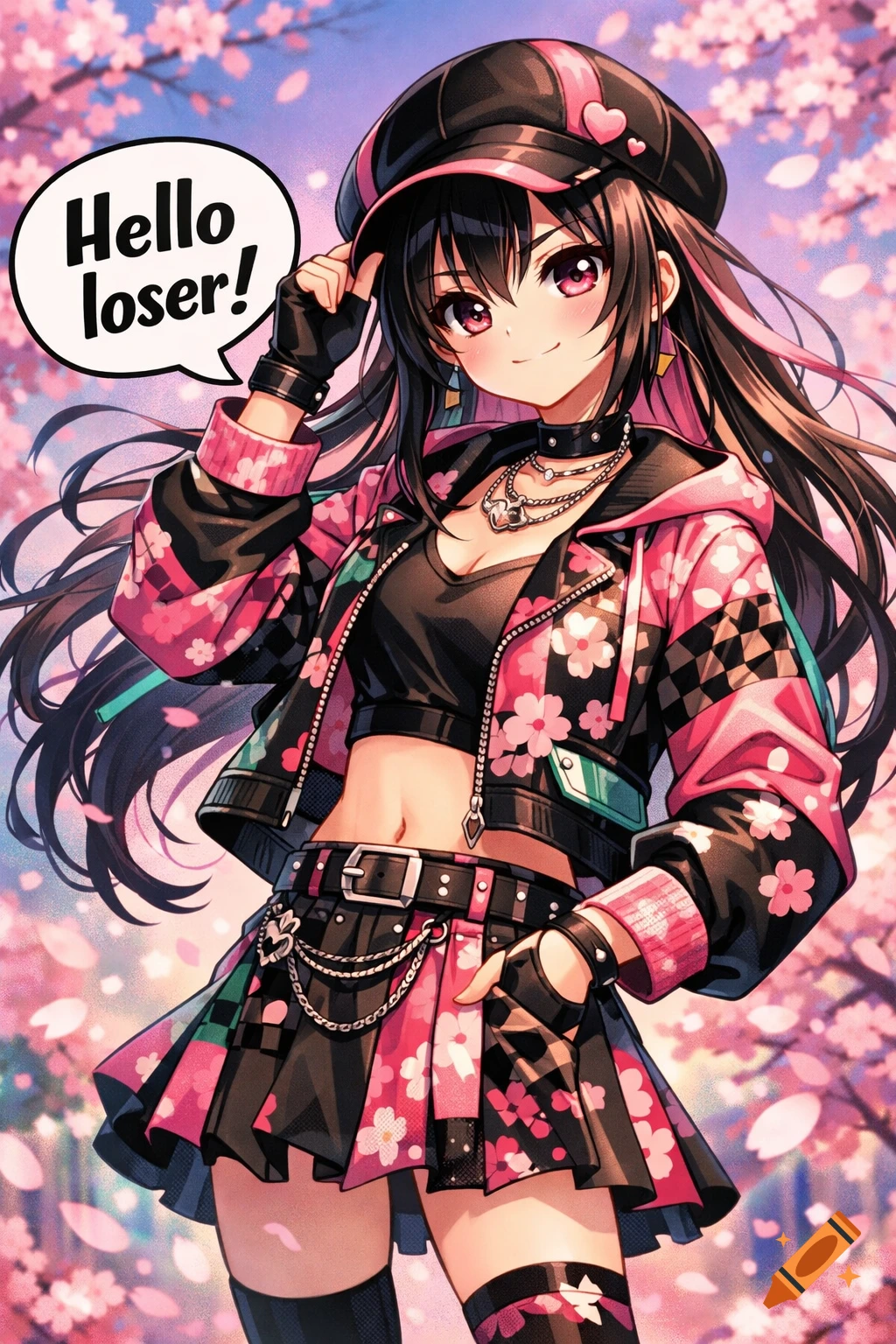 Anime girl with dark hair and pink eyes, wearing a black and pink floral jacket and skirt under cherry blossoms, with a speech bubble saying 'Hello loser!'