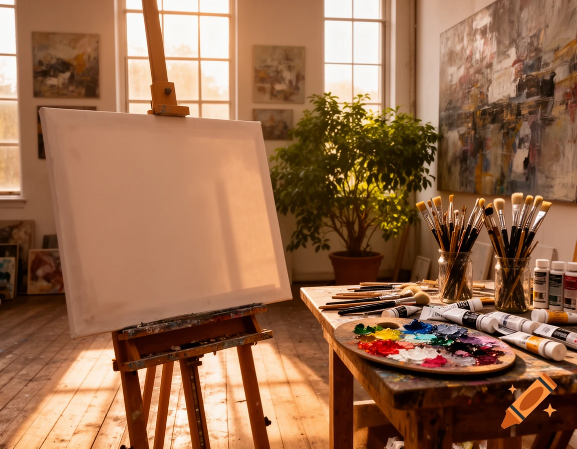 Sunlit art studio with an empty canvas on an easel and a table full of paint tubes, a colorful palette, and brushes.