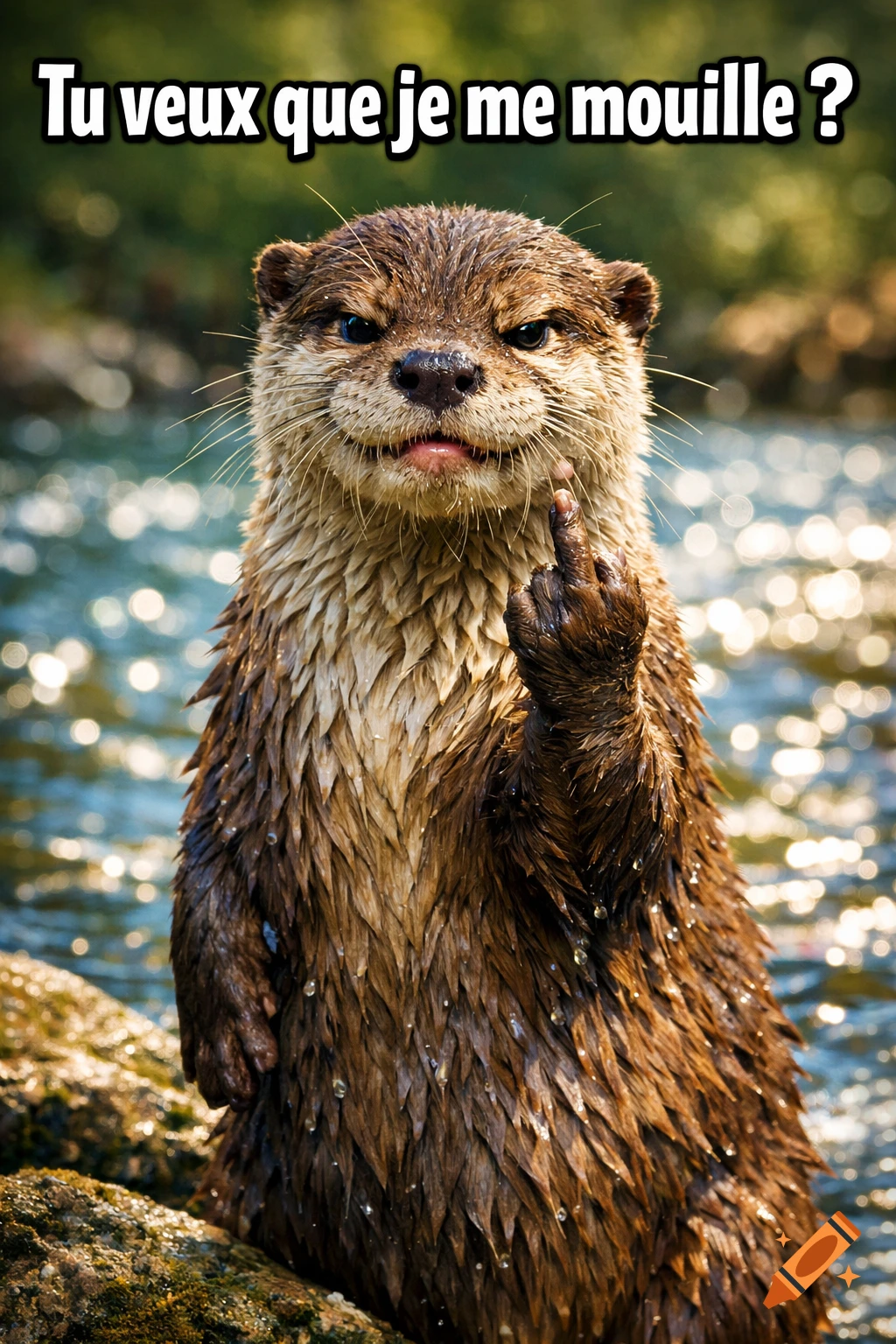 Photorealistic otter standing in water, giving a middle finger, with text 'Tu veux que je me mouille?' at the top.