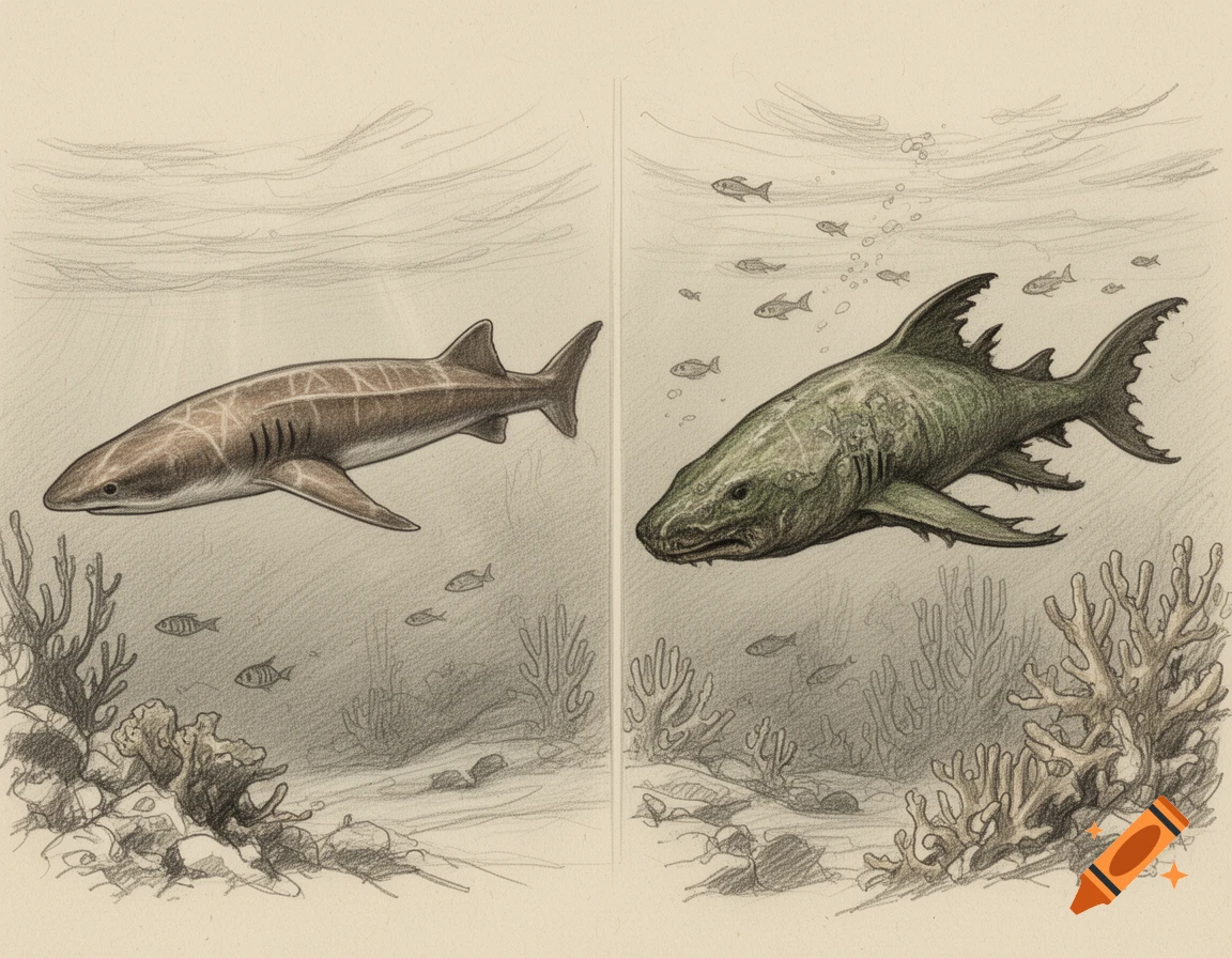 A side-by-side sketch illustration of a modern shark and a prehistoric shark swimming underwater among coral.