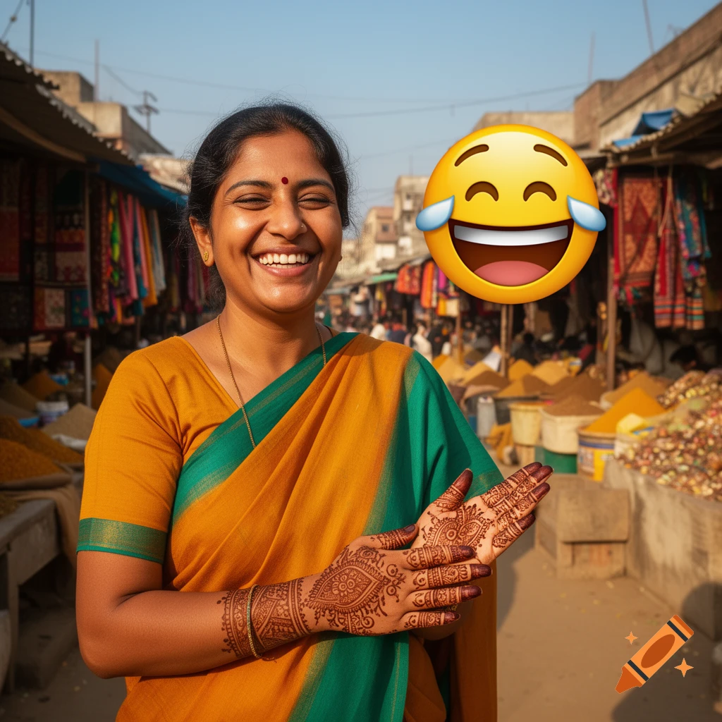 A photorealistic image of a happy Indian woman in a yellow and green saree, with mehndi-decorated hands, laughing in a bustling market. A laughing emoji floats beside her head.