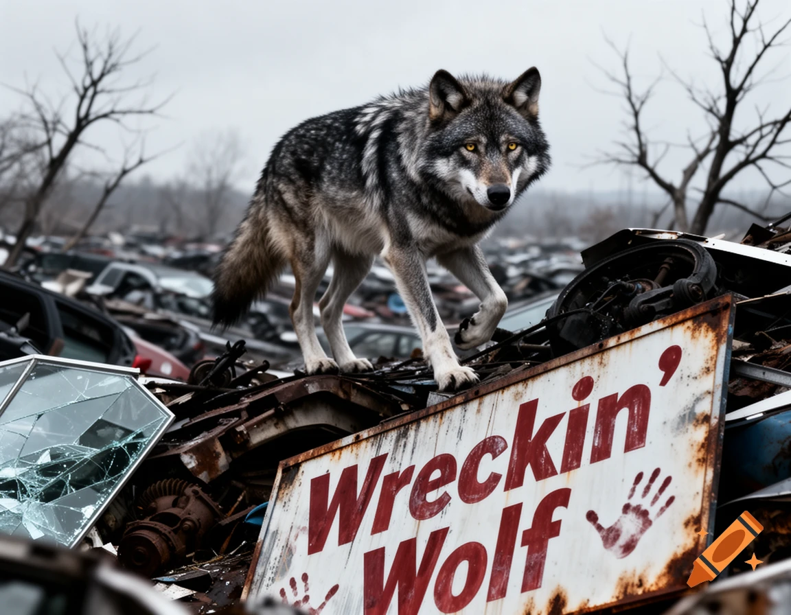 A wolf with golden eyes stands on a weathered sign that reads 'Wreckin' Wolf' in a vast junkyard under a grey sky.
