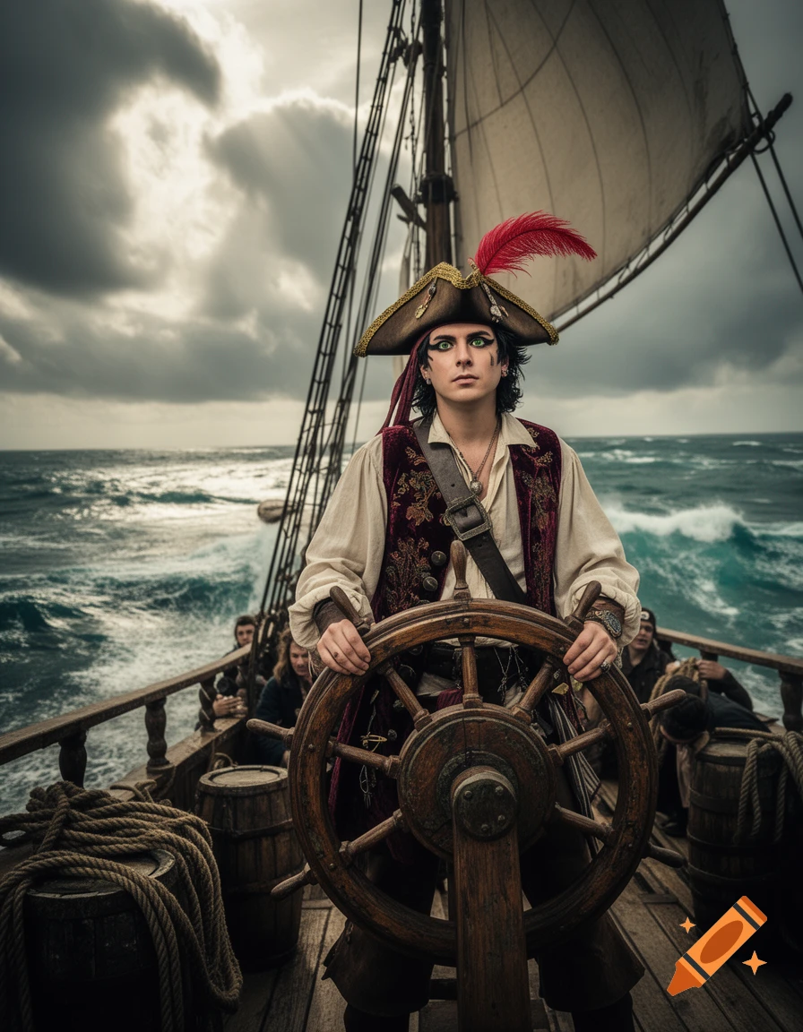 Photorealistic pirate in a tricorn hat holding a ship's wheel on a stormy sea.