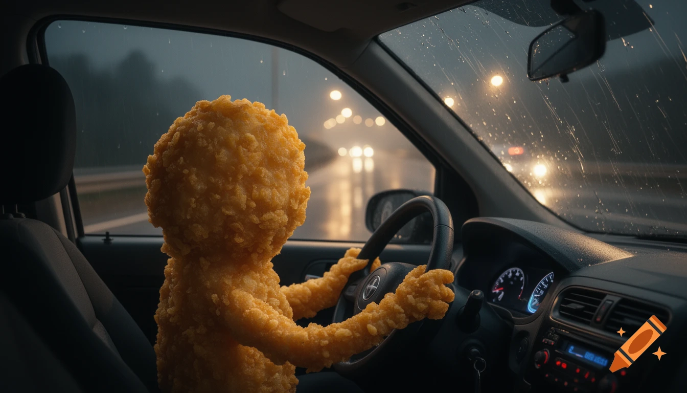 A chicken nugget driving a car on a rainy highway at night, seen from inside the car.