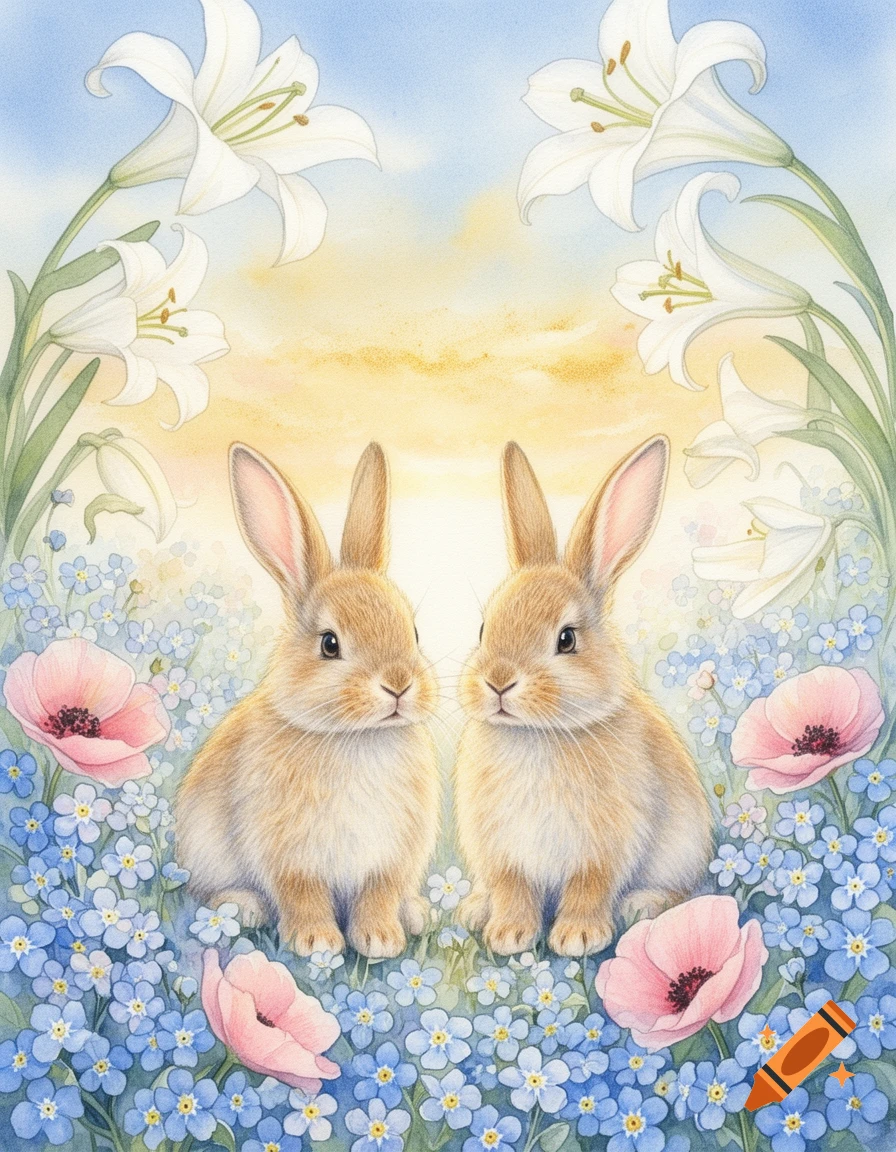 Watercolor illustration of two cute bunnies among blue forget-me-nots and pink poppies, framed by white lilies with a golden sunrise.