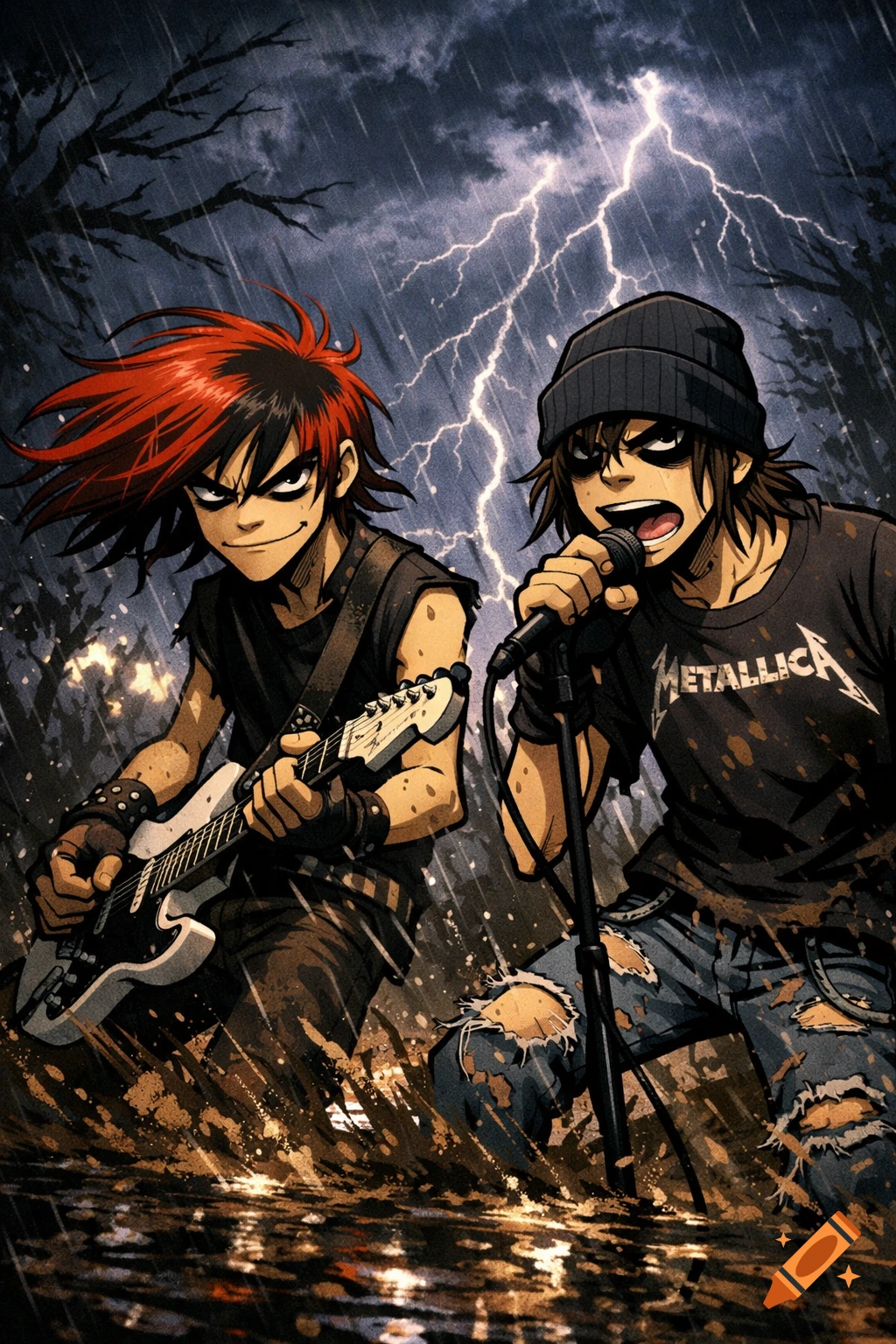 Two anime-style male rock musicians perform in a heavy rainstorm with lightning. One plays a white electric guitar, the other sings into a mic, both in muddy water.