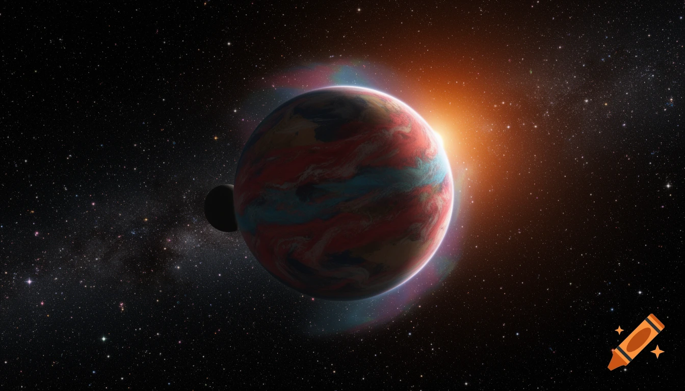 A colorful exoplanet with a small moon orbits a star in a vast, star-filled space.