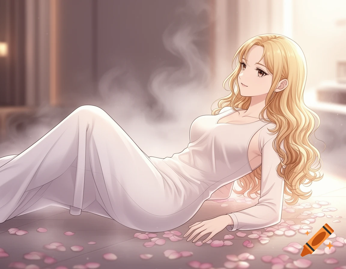 An anime woman with long blonde hair in a white dress, lying on her side among pink rose petals in a steamy spa setting.