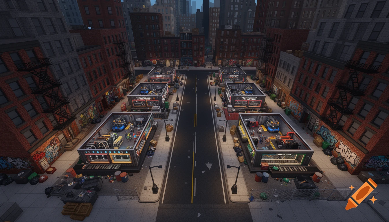 Top-down 2D render of a Roblox-style fighter tycoon map in a gritty New York urban street environment, with six factory bases along a central street.