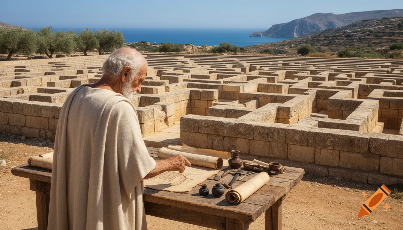 An old Greek architect in simple robes examines plans on a wooden table, overlooking a vast stone labyrinth by the sea under a bright sun.