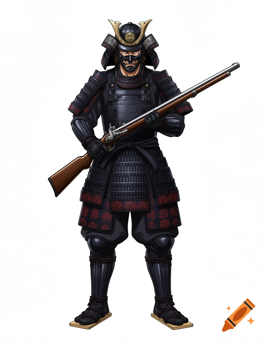 An anime-style samurai in black and red armor with a horned helmet and a mask holds a musket rifle, standing on a white background.