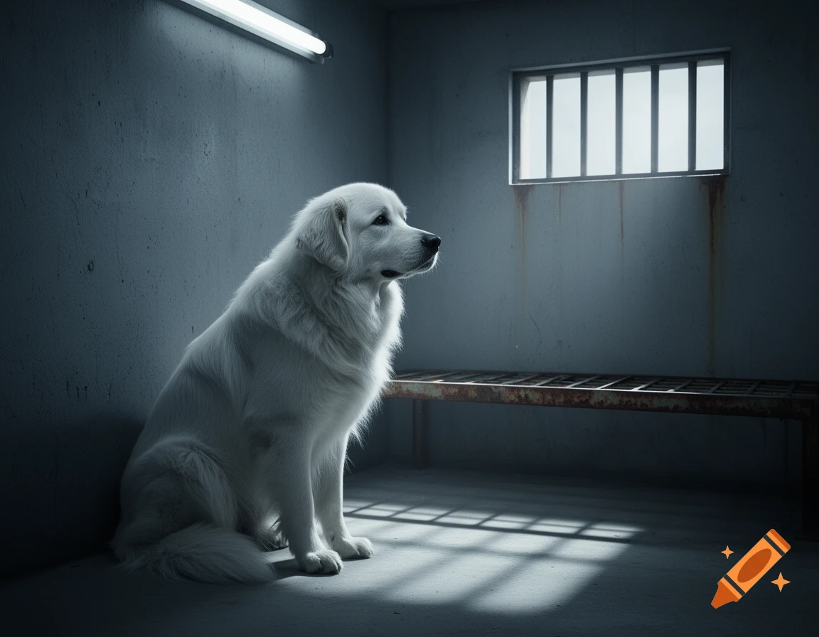 A white Great Pyrenees dog sits alone in a dark, concrete prison cell with a barred window and a rusty bed frame.