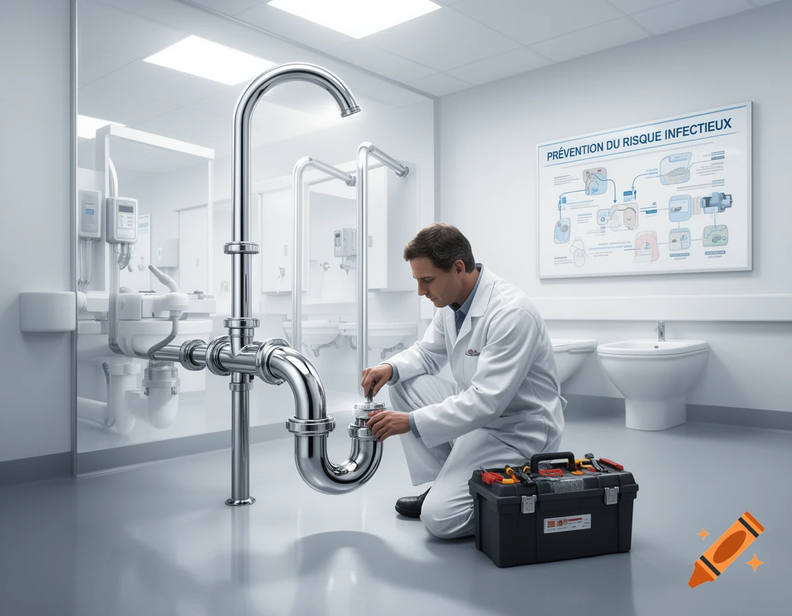 A man in a lab coat repairs a large chrome sink trap in a sterile, white hospital room, with a toolbox on the floor. Photorealistic.