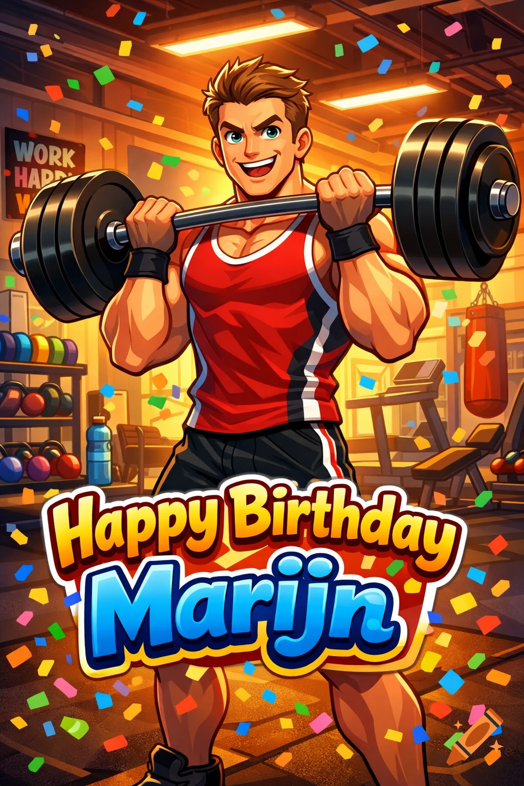 A muscular cartoon man in a red tank top lifts weights in a gym, with colorful confetti falling around him. The text "Happy Birthday Marijn" is prominently displayed at the bottom.